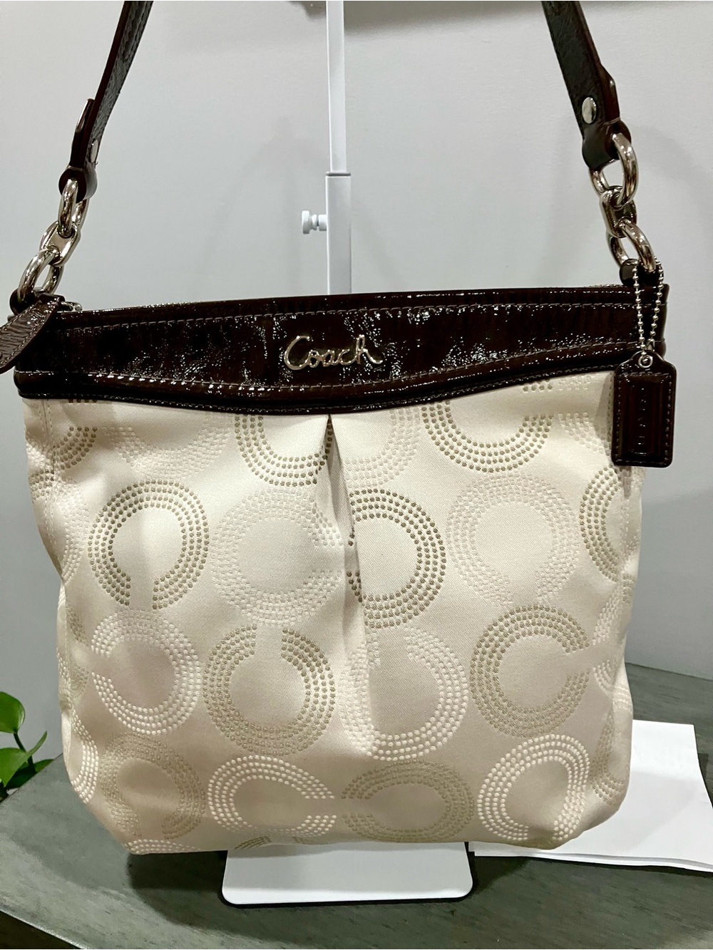 Coach Cream Signature Circle Shoulder Bag with Brown Patent Trim